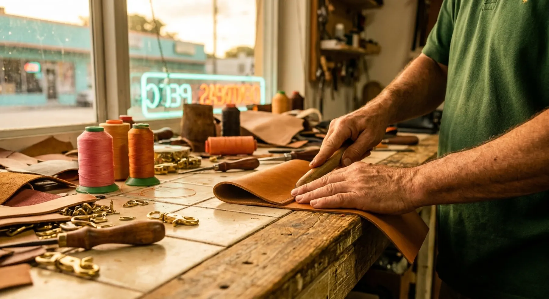 Maker's hands shaping leather goods